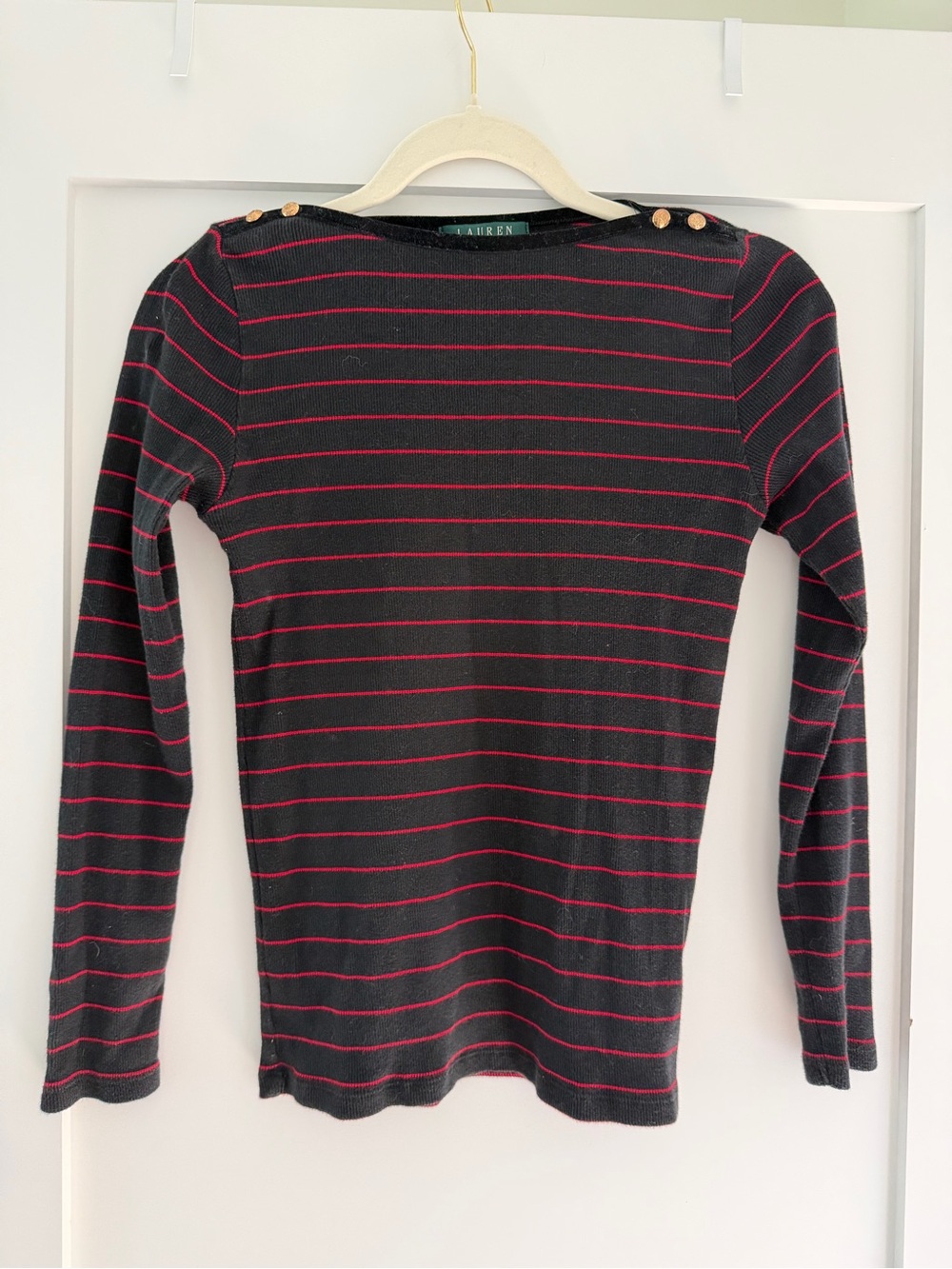 Ralph Lauren Striped Navy and Red Boatneck Long Sleeve with Shoulder Buttons